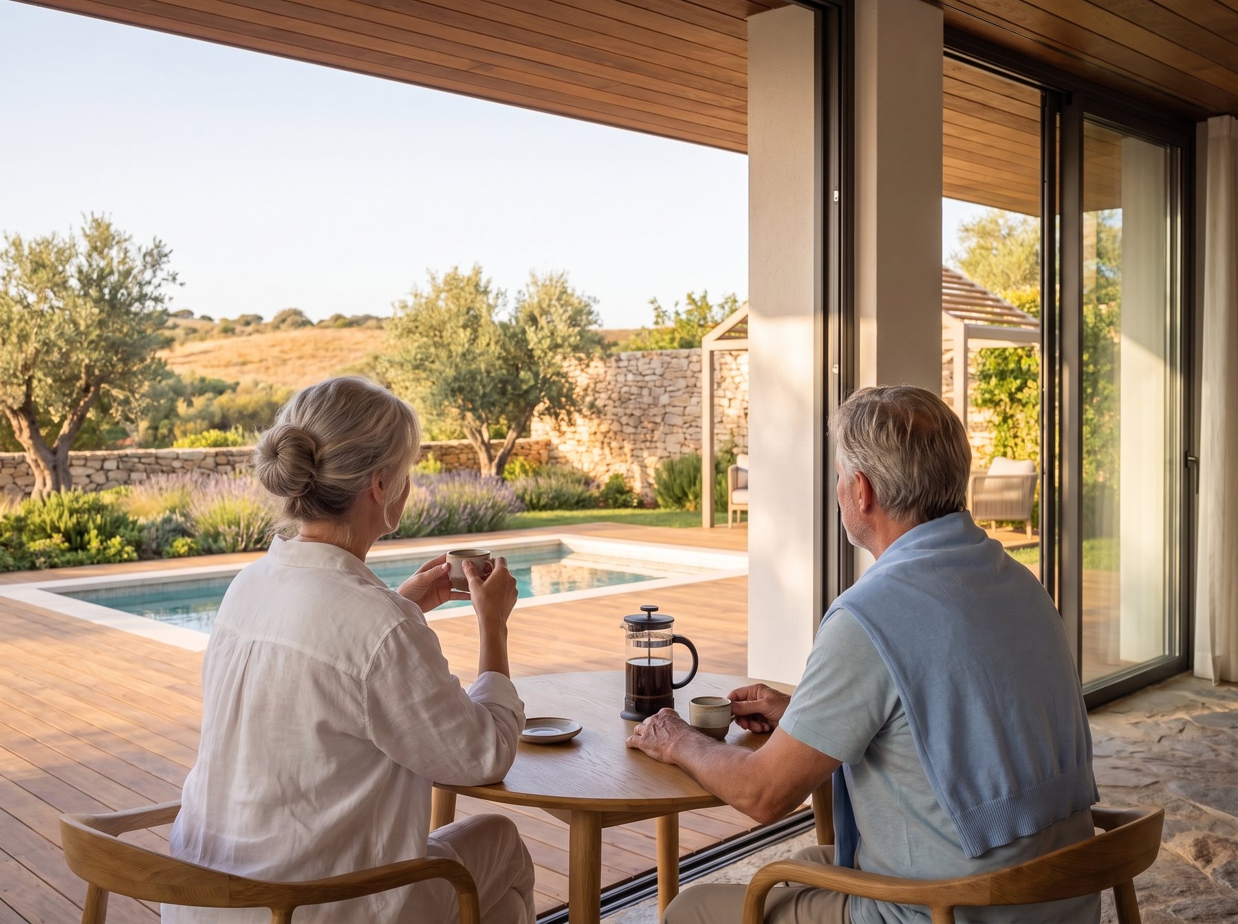 Paar beim Morgenkaffee auf der Terrasse mit Blick in den Garten | Couple having morning coffee on the terrace overlooking the garden